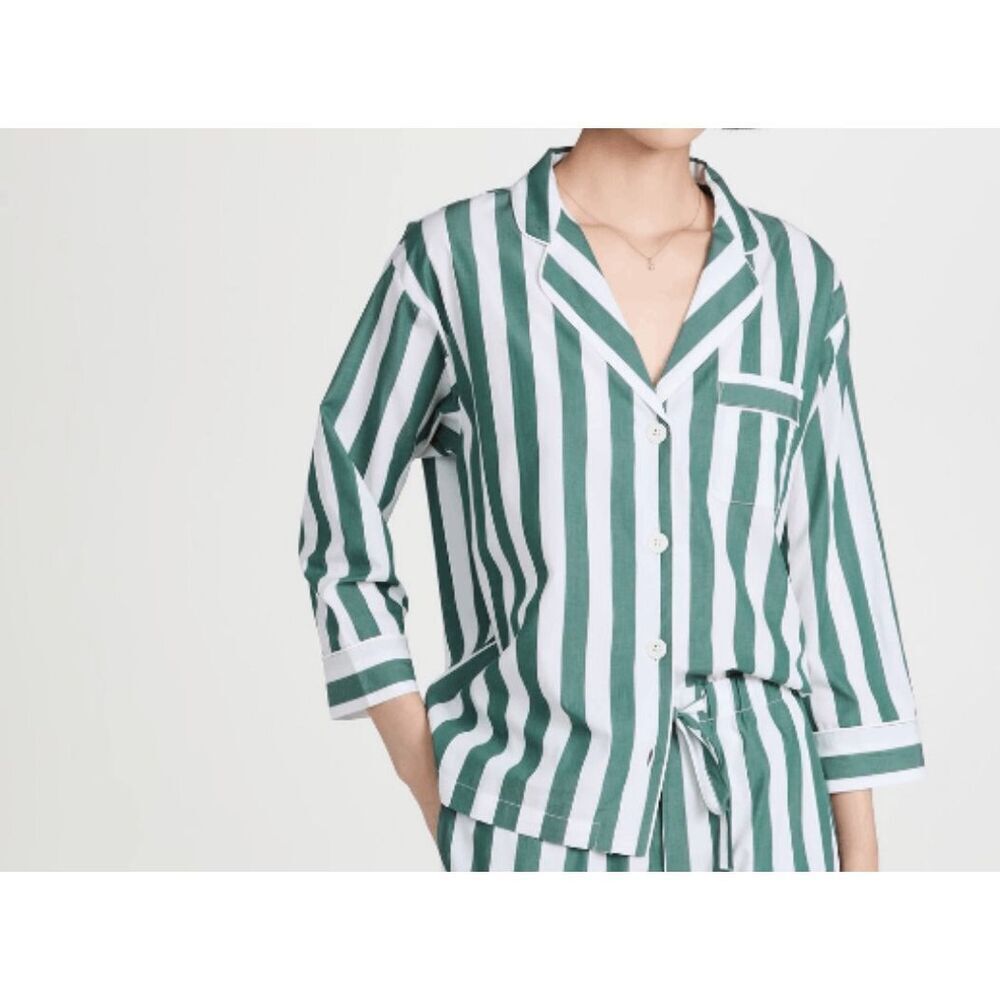 Sleepy Jones Green White Striped Long Sleeve Marina Pajama Top Women's Size XL